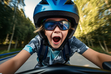 Cute little boy riding a bicycle in summer park. Cheerful little child having fun on a bike on sunny evening.