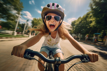 Cute teenage girl riding a bicycle in summer park. Cheerful teenager having fun on a bike on sunny evening. - Powered by Adobe