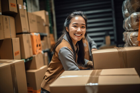 Young beautiful woman taping a cardboard box for delivery. Warehouse order picker packing and sealing cardboard box with tape for dispatch.