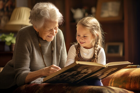 Grandmother and granddaughter watching old photo album at home. Senior woman showing to child black and white retro photos. Retired person and kid happy together.