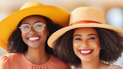 smiling women in wide-brimmed hats, sharing joyful moment