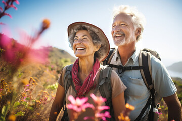 Senior hiker couple wearing casual clothes taking a walk in Hawaiian scenery. Adventurous elderly man and woman with backpacks. Hiking and trekking on a nature trail. - obrazy, fototapety, plakaty