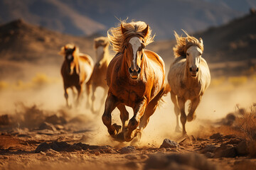  Mustangs in full sprint across the enchanting landscape of desert mountains..