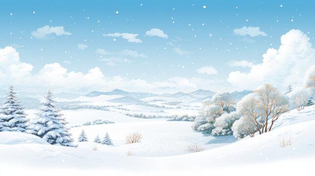 Cold white winter hills landscape background with snow on fir trees