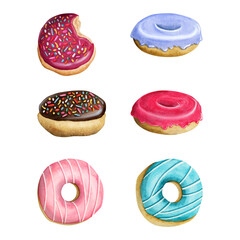 Glazed donuts of different colors watercolor illustration set isolated on white background. Delicious round doughnuts with toppings
