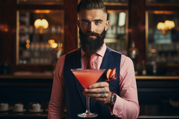 Handsome bartender handing an alcoholic cocktail at a nightclub. Alcoholic beverages served during a party night.
