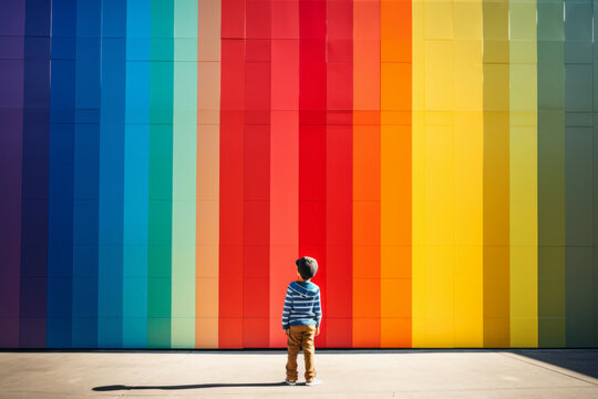A child standing on front of rainbow colored wall. Child mental health concept. ASD, autism spectrum disorder awareness concept. Asperger's syndrome, early intervention.