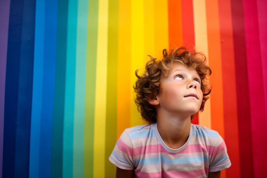 A child standing on front of rainbow colored wall. Child mental health concept. ASD, autism spectrum disorder awareness concept. Asperger's syndrome, early intervention.