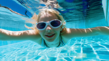 Naklejka premium young child kid girl teenager diving swimming under water in a swimming pool