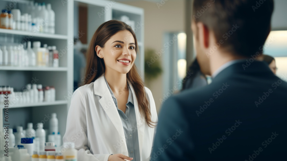 Wall mural Pharmaceutical sales representative talking to pharmacist