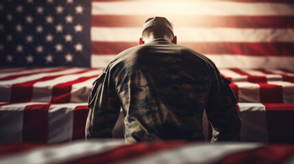 Military soldier mourning on casket for dead service member - obrazy, fototapety, plakaty