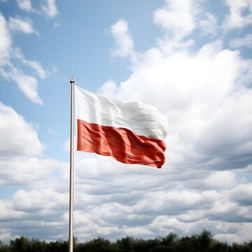 A Polish flag fluttering in the wind, displaying its vibrant white and red colors. The image captures the flag's dynamic movement against the backdrop of a clear sky, symbolizing national pride.