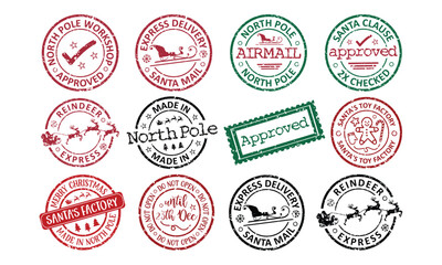 North pole post Santa gift rubber stamp badge, seal, label, postmark collection on white background