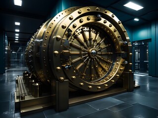 An immense safe in a bank, specifically designed for storing gold and precious stones for the wealthiest businessmen. The vault exudes security and wealth, with its advanced locking mechanisms