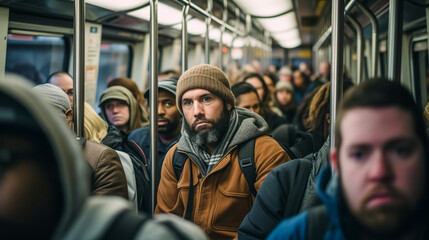 Bearded man riding a packed subway train in winter
