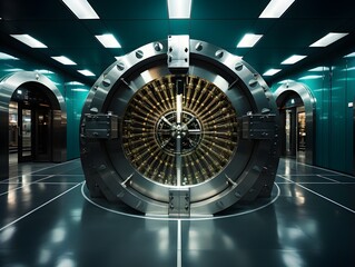 An immense safe in a bank, specifically designed for storing gold and precious stones for the wealthiest businessmen. The vault exudes security and wealth, with its advanced locking mechanisms