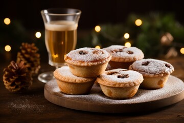 Obraz na płótnie Canvas Delicious Homemade Mince Pies Cooling on a Rustic Kitchen Table with a Dusting of Icing Sugar and Accompanied by a Glass of Milk