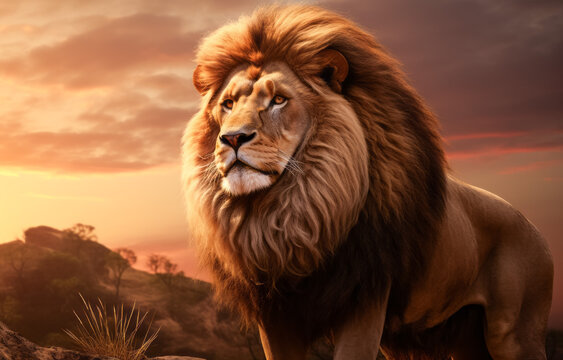Large male lion in the wild at sunset. 3D Render