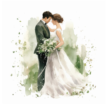 couples on their wedding day, watercolor cartoon style on white background