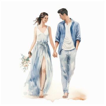 couples on their wedding day, watercolor cartoon style on white background