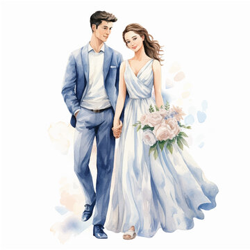 couples on their wedding day, watercolor cartoon style on white background