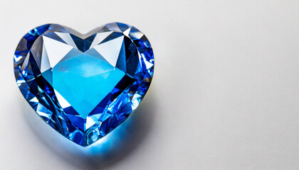 Blue heart shaped diamond on white background and copy space on a side