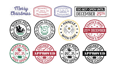 Collection of north pole post Santa rubber stamp badge, seal, postmark designs on white background - obrazy, fototapety, plakaty