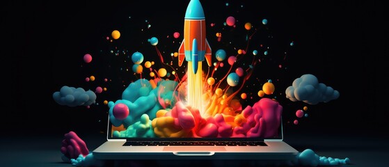 cartoonish space rocket outgoing of laptop screen, showcase boost performance ,innovation