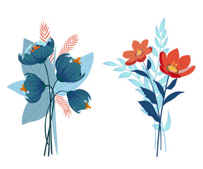 Abstract flowers bouquets, blue and red colors. Vector illustration.