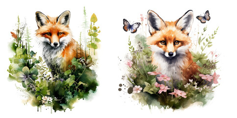 Watercolor rich illustration of a beautiful tiny red fox surrounded by grass, ferns flowers and butterflies. delicate and peaceful spring nature scene isolated on transparent background