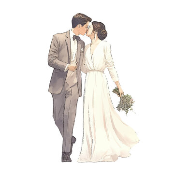 Cartoon pictures of couples on their wedding day, watercolor style on white background