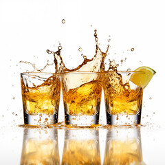 Three tequila shot glasses with tequila and lime toast against a white background - alcohol theme