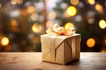 A festively wrapped present with a holiday tag under the glowing Christmas tree