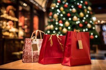 An assortment of vibrantly colored Christmas shopping bags brimming with presents under a twinkling holiday tree