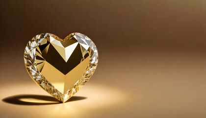 Gold heart shaped diamond on light brown background and copy space on a side - obrazy, fototapety, plakaty