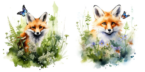 Watercolor rich illustration of a beautiful tiny red fox surrounded by grass, ferns flowers and butterflies. delicate and peaceful spring nature scene isolated on transparent background