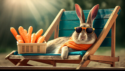 Entspannung stressfrei Urlaub buchen Reiseveranstalter Werbung Marketing Vorlage Motiv mit Hasen lustige Tiere mit Sonnenbrille Generative AI  - obrazy, fototapety, plakaty