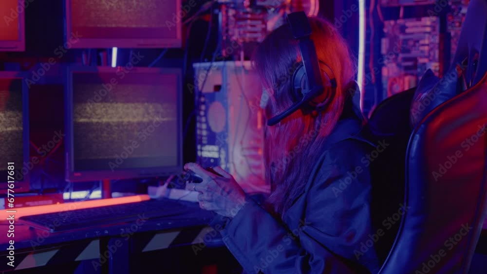 Poster gamer using joystick controller for virtual tournament plays online video game with computer neon li