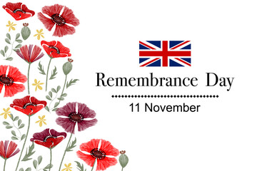 Remembrance Day vector background banner. Red Poppy flower . Union Jack flag Remembrance Poppy Day . 
