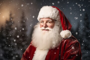 Festive studio portrait of a jovial elderly man in Santa suit with snowy scenery in the background