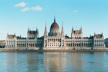 View of the Hungarian Parliament Building from across the Danube River in Budapest, Hungary