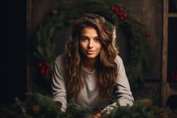 Obraz na płótnie Canvas Elegant Lady with Bun Hairdo Posing with a Holiday Wreath in a Rustic Wooden Christmas Setting