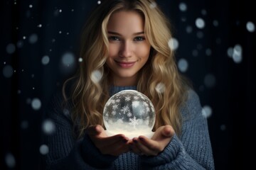 Naklejka premium A Young Blonde Girl Enchanted by the Winter Wonderland Inside a Snow Globe Against a Snowy Backdrop