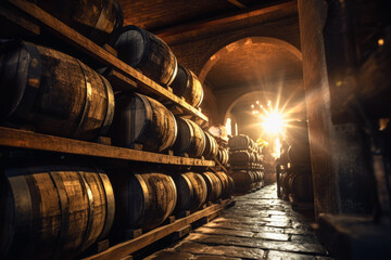 Wine barrels stacked in background of cellar of a winery. Industrial concept of production and drinks.