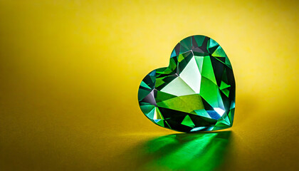 Green heart shaped diamond on yellow background and copy space on a side