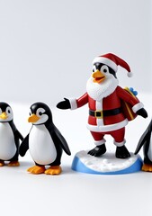 Fototapeta premium 3D Toy Of Santa Claus Having A Friendly Snowball Fight With Penguins On A White Background.