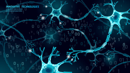 Human neuron low poly anatomy concept. Artificial neural network technology science medicine cloud computing. AI 3D abstract biology system. Polygonal blue glowing vector illustration