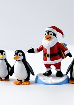 3D Toy Of Santa Claus Having A Friendly Snowball Fight With Penguins On A White Background.