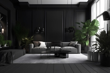 Interior of modern living room in black colors with green decorative plants in a house.