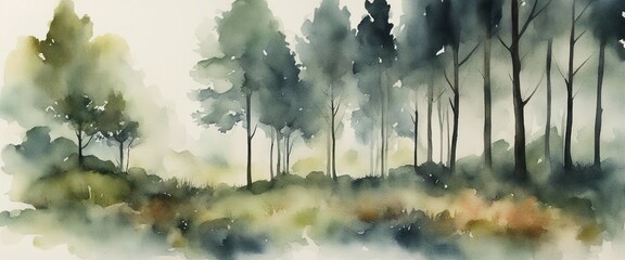 watercolour forest landscape - obrazy, fototapety, plakaty